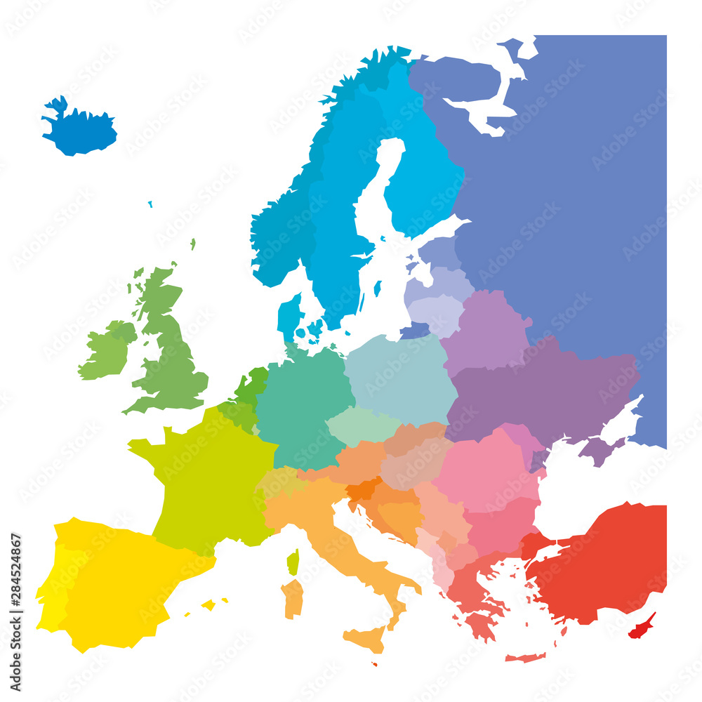 Wall mural map of europe in colors of rainbow spectrum. with european countries names - Wall murals