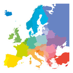 Map of Europe in colors of rainbow spectrum. With European countries names - obrazy, fototapety, plakaty