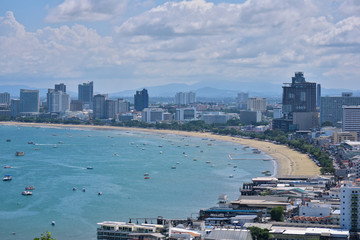 Naklejka premium Look from the high, see the city in the city that is full of tall buildings and the sea. Beautiful, comfortable view