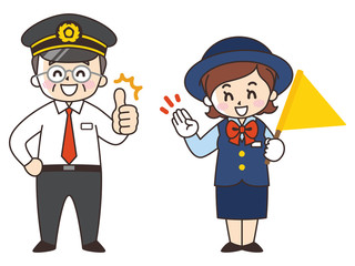 運転手の中年男性とバスガイドの女性