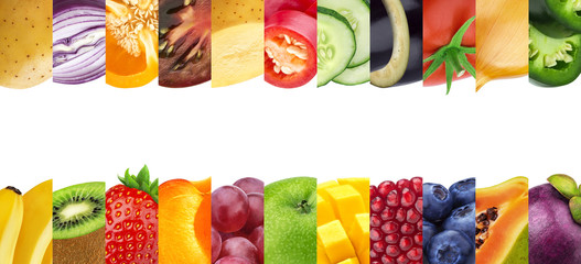 Wide collage of different fruits and vegetables isolated on white background with copy space
