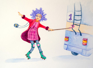 Merry old woman on casters holds a stick for the bus