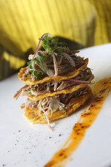 Fried banana toast and beef splatter.