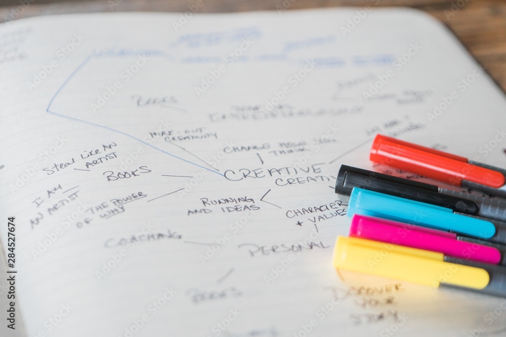 Poster closeup shot of colorful pens and markers on an opened copybook with writing and charts in it