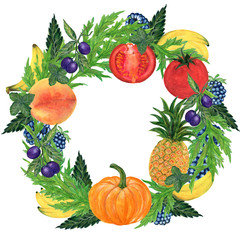 Watercolor hand paint set eco food organic helthy cafe menu design. natural fresh fruits and vegetable illustration