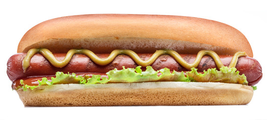 Hot dog - grilled sausage in a bun with sauces isolated on white background.