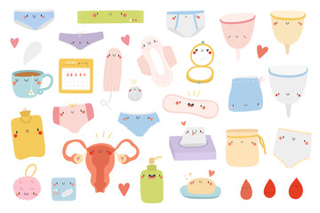 Super cute vector set of hand drawn Positive Period objects. Cartoon Menstrual collection. Women's health and self care cute illustration.