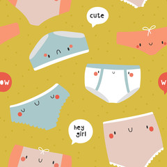 Seamless pattern with Cute Lingerie and Speech Bubbles. Vector Positive Period texture. Pattern with hand drawn Smiley Pants.