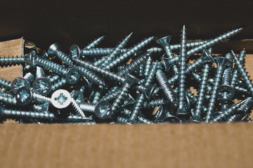 Screws in a box. a lot of various screws. pile of fasteners in the box close up. carpentry workshop. working tool