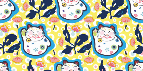 Yellow vector repeat pattern with happy maneki neko cat, pastel dot and pink folk art florals. Japan inspired pattern. Perfect for paper and textile projects or events.