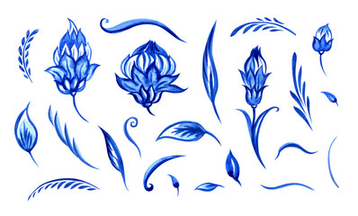 Fototapeta na wymiar Set of flowers, buds, stems and leaves of fabulous flowers, blue watercolor illustration in the Dutch or Eastern style. Details for floral painting of ceramics and porcelain, fabrics, etc.