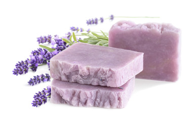 Homemade lavender bars of soap with lavender isolated on white