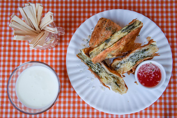 Pastry breakfast cake and dessert. Traditional meal. Burek