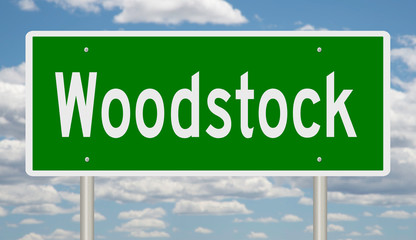 Rendering of a green highway sign for Woodstock Vermont