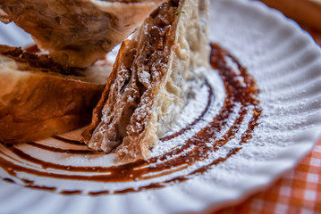 Chocolate pastry cake with cream and sugar powdered - close up shot