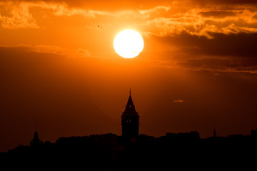silhouette of galata tower at sunset in Istanbul