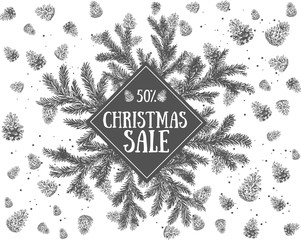 Christmas tree and pine trees with cones hand drawn illustration