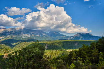 Beautiful landscape with trees and clouds in mountains