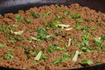A closeup beef keema (mince) curry. garnished with coriander leaves and ginger.