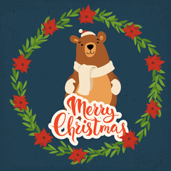 Merry Christmas vector card with bear in vintage style