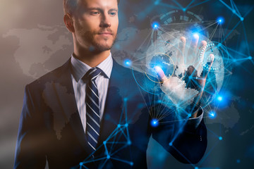 smart caucasian businessman hand touch world map virtual screen comunication global connecting ideas concept