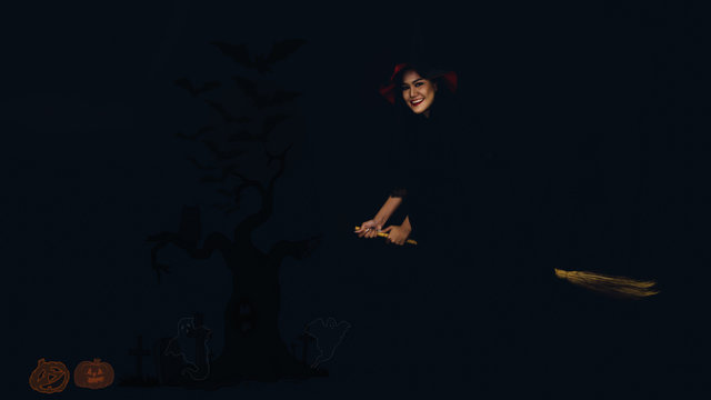 halloween background of flying witch on broomstick on dark  night background