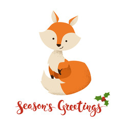 Season's Greetings vector card with funny Christmas fox