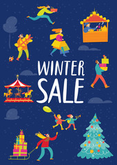 Winter sale poster with vector people doing shopping