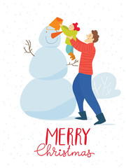 Merry Christmas vector card with father and kid