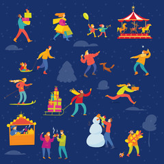 Vector Christmas winter design for holiday with abstract people doing winter activities.