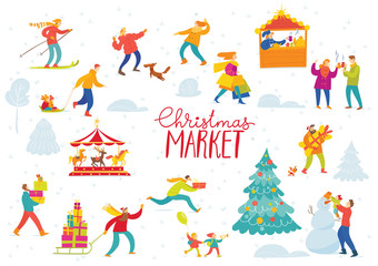 Cute Vector Christmas winter market design for holiday with shopping and active people