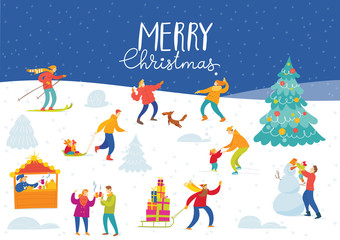 Vector stylized Christmas winter market design for holiday with shopping and active people