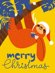 Vector Merry Christmas card with cute funny sloth