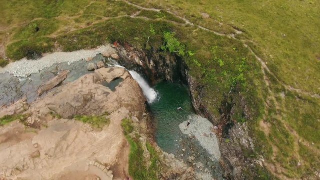 Aerial view on fairy pools, waterfalls, clear water on Isle of Skye, Scotland