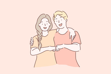 Cooperation, together, friendship, teamwork concept. Young satisfied overjoyed man and woman have success in project work, find agreements. Meeting of friends. Vector flat design.
