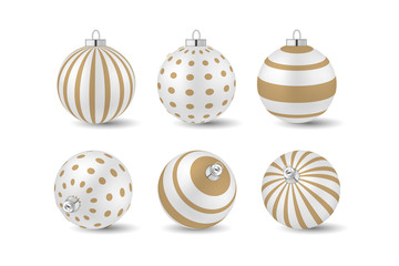 Set of realistic Christmas balls with geometric pattern Isolated on white background. Decorative elements for holiday new year design. Vector illustration.