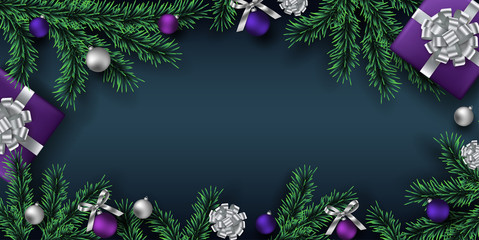 Christmas blue background with realistic fir branches, gifts box and balls. Vector top view illustration. 