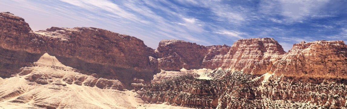 Panorama of the canyon. Stone desert under a blue sky with clouds. 3d rendering.