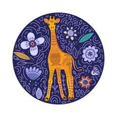 Cartoon giraffe vector flat illustration in scandinavian style. Round card with african animal and flowers.