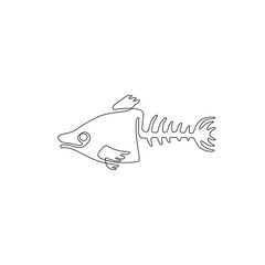 Fish bone continuous line drawing, tattoo, print for clothes and logo design, fish skeleton silhouette single line on a white background, isolated vector illustration. 