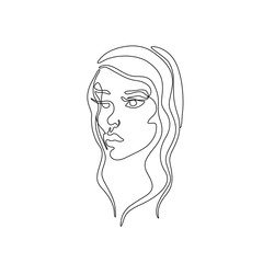 Continuous line drawing, woman abstract portrait, face of the girl is a single line on a white background, tattoo, print for clothes and logo design, Vector illustration. 