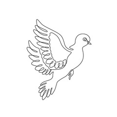 Dove or pigeon continuous line drawing, peace freedom or post mail delivery, tattoo, print for clothes and logo design, silhouette one single line on a white background, isolated vector illustration. 