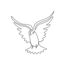 Dove or pigeon continuous line drawing, peace freedom or post mail delivery, tattoo, print for clothes and logo design, silhouette one single line on a white background, isolated vector illustration. 