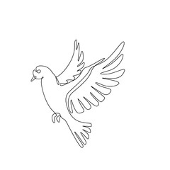 Pigeon or dove, bird flying continuous line drawing, tattoo, print for clothes and logo design, silhouette one single line on a white background, isolated vector illustration. 