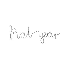Rat Year lettering text for greeting card, 2020, continuous line drawing, happy new year decorations for posters, print, single line on a white background, isolated vector illustration.