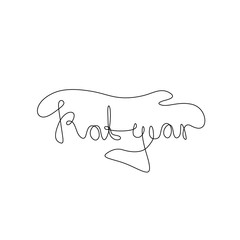 Rat Year lettering text for greeting card, 2020, continuous line drawing, happy new year decorations for posters, print, single line on a white background, isolated vector illustration.