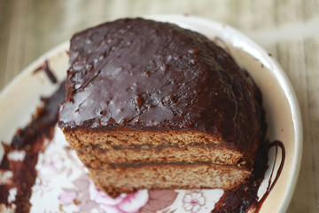 Homemade chocolate cake on a saucer
