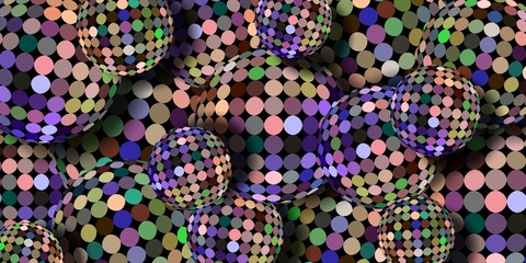 Holographic mirror shimmer 3d balls abstract wallpaper. Mosaic glitter festive background. Blue yellow green lilac iridescent dots pattern macro.