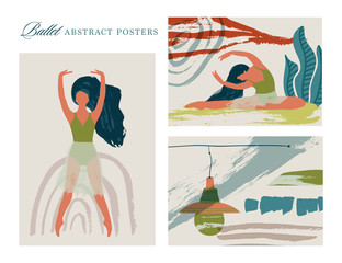 Ballet dancer girl poster set. Ballerina illustration. Abstract vector collection. Flat and Hand drawn brush ink textured art.