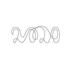 2020 inscription,  continuous line drawing, calendar design postcard banner, calligraphy year of the rat sign lettering, two thousand and twenty single line on a white background, vector line art.